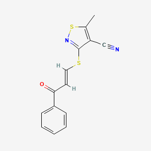 molecular formula C14H10N2OS2 B2662900 5-Methyl-3-[(3-oxo-3-phenyl-1-propenyl)sulfanyl]-4-isothiazolecarbonitrile CAS No. 338953-37-0