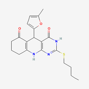 molecular formula C20H23N3O3S B2662910 2-(丁基硫代)-5-(5-甲基呋喃-2-基)-5,8,9,10-四氢嘧啶并[4,5-b]喹啉-4,6(3H,7H)-二酮 CAS No. 628278-59-1