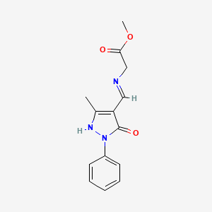 molecular formula C14H15N3O3 B2663003 methyl 2-{[(3-methyl-5-oxo-1-phenyl-1,5-dihydro-4H-pyrazol-4-yliden)methyl]amino}acetate CAS No. 159592-98-0