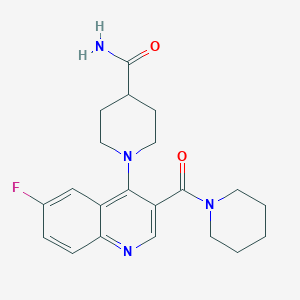 molecular formula C21H25FN4O2 B2663060 1-[6-Fluoro-3-(piperidin-1-ylcarbonyl)quinolin-4-yl]piperidine-4-carboxamide CAS No. 1326863-96-0
