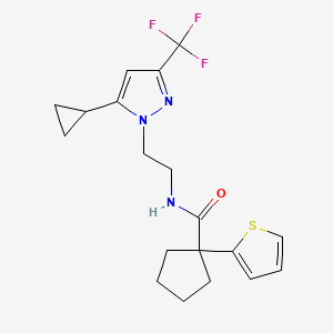 molecular formula C19H22F3N3OS B2663126 N-(2-(5-环丙基-3-(三氟甲基)-1H-嘧啶-1-基)乙基)-1-(噻吩-2-基)环戊基甲酸酰胺 CAS No. 1797675-11-6