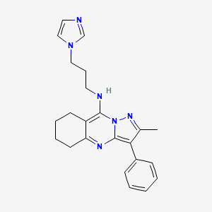 molecular formula C23H26N6 B2663255 N-[3-(1H-imidazol-1-yl)propyl]-2-methyl-3-phenyl-5H,6H,7H,8H-pyrazolo[3,2-b]quinazolin-9-amine CAS No. 896598-73-5