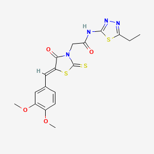 molecular formula C18H18N4O4S3 B2663273 2-[(5Z)-5-[(3,4-dimethoxyphenyl)methylidene]-4-oxo-2-sulfanylidene-1,3-thiazolidin-3-yl]-N-(5-ethyl-1,3,4-thiadiazol-2-yl)acetamide CAS No. 299950-26-8