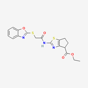 molecular formula C18H17N3O4S2 B2663275 ethyl 2-(2-(benzo[d]oxazol-2-ylthio)acetamido)-5,6-dihydro-4H-cyclopenta[d]thiazole-4-carboxylate CAS No. 1207008-83-0
