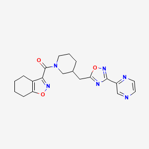 molecular formula C20H22N6O3 B2663278 (3-((3-(Pyrazin-2-yl)-1,2,4-oxadiazol-5-yl)methyl)piperidin-1-yl)(4,5,6,7-tetrahydrobenzo[d]isoxazol-3-yl)methanone CAS No. 1705111-04-1