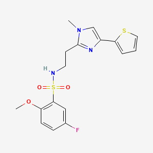 molecular formula C17H18FN3O3S2 B2663312 5-氟-2-甲氧基-N-(2-(1-甲基-4-(噻吩-2-基)-1H-咪唑-2-基)乙基)苯磺酰胺 CAS No. 1396677-05-6