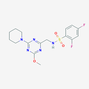molecular formula C16H19F2N5O3S B2663385 2,4-difluoro-N-((4-methoxy-6-(piperidin-1-yl)-1,3,5-triazin-2-yl)methyl)benzenesulfonamide CAS No. 2034470-27-2