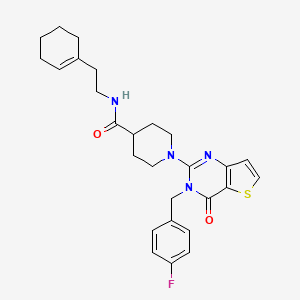 molecular formula C27H31FN4O2S B2663544 N-[2-(环己-1-烯-1-基)乙基]-1-{3-[(4-氟苯基)甲基]-4-氧代-3H,4H-噻吩并[3,2-d]嘧啶-2-基}哌啶-4-甲酰胺 CAS No. 1112306-92-9