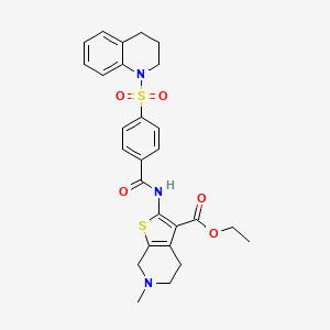 molecular formula C27H29N3O5S2 B2663561 乙酸-2-(4-((3,4-二氢喹啉-1(2H)-基)磺酰)苯甲酰胺)-6-甲基-4,5,6,7-四氢噻吩并[2,3-c]吡啶-3-甲酸酯 CAS No. 524063-79-4