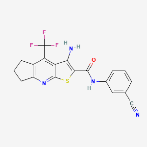 molecular formula C19H13F3N4OS B2663580 6-氨基-N-(3-氰基苯基)-8-(三氟甲基)-4-硫-2-氮杂三环[7.3.0.0^{3,7}]十二烯-5-羧酰胺 CAS No. 626222-18-2