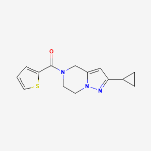 molecular formula C14H15N3OS B2663678 (2-cyclopropyl-6,7-dihydropyrazolo[1,5-a]pyrazin-5(4H)-yl)(thiophen-2-yl)methanone CAS No. 2034331-80-9