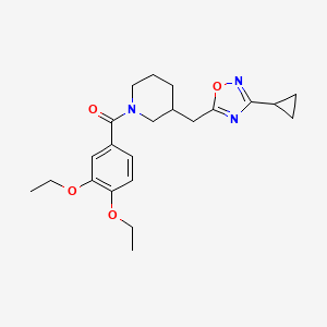 molecular formula C22H29N3O4 B2663789 (3-((3-Cyclopropyl-1,2,4-oxadiazol-5-yl)methyl)piperidin-1-yl)(3,4-diethoxyphenyl)methanone CAS No. 1706106-18-4