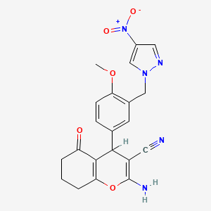 molecular formula C21H19N5O5 B2663829 2-amino-4-{4-methoxy-3-[(4-nitro-1H-pyrazol-1-yl)methyl]phenyl}-5-oxo-5,6,7,8-tetrahydro-4H-chromene-3-carbonitrile CAS No. 304867-97-8