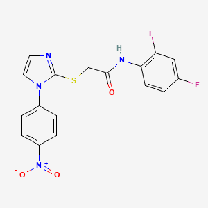 molecular formula C17H12F2N4O3S B2663845 N-(2,4-difluorophenyl)-2-((1-(4-nitrophenyl)-1H-imidazol-2-yl)thio)acetamide CAS No. 851079-55-5