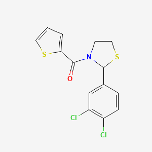 molecular formula C14H11Cl2NOS2 B2663892 (2-(3,4-Dichlorophenyl)thiazolidin-3-yl)(thiophen-2-yl)methanone CAS No. 2034614-69-0