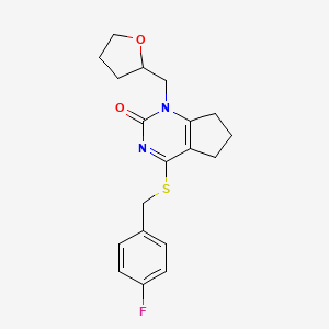 molecular formula C19H21FN2O2S B2663913 4-((4-fluorobenzyl)thio)-1-((tetrahydrofuran-2-yl)methyl)-6,7-dihydro-1H-cyclopenta[d]pyrimidin-2(5H)-one CAS No. 899951-56-5
