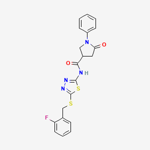 molecular formula C20H17FN4O2S2 B2663915 N-(5-((2-fluorobenzyl)thio)-1,3,4-thiadiazol-2-yl)-5-oxo-1-phenylpyrrolidine-3-carboxamide CAS No. 872594-76-8