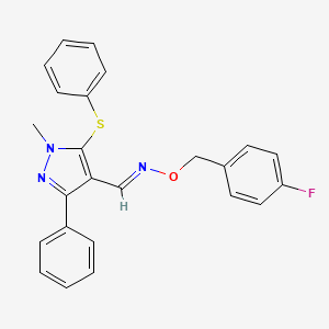 molecular formula C24H20FN3OS B2663940 1-甲基-3-苯基-5-(苯基硫代)-1H-吡唑-4-甲醛 O-(4-氟苯甲基)肟 CAS No. 321998-33-8
