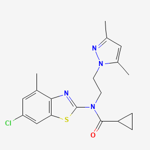 molecular formula C19H21ClN4OS B2664015 N-(6-chloro-4-methylbenzo[d]thiazol-2-yl)-N-(2-(3,5-dimethyl-1H-pyrazol-1-yl)ethyl)cyclopropanecarboxamide CAS No. 1171899-37-8