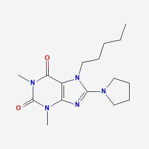 molecular formula C16H25N5O2 B2664023 1,3-二甲基-7-戊基-8-吡咯啉-1-基-3,7-二氢-嘧啶-2,6-二酮 CAS No. 376625-47-7