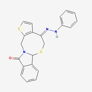 molecular formula C21H17N3OS2 B2664055 (8Z)-8-(2-phenylhydrazin-1-ylidene)-4,10-dithia-1-azatetracyclo[9.7.0.0^{3,7}.0^{12,17}]octadeca-3(7),5,12(17),13,15-pentaen-18-one CAS No. 866008-43-7
