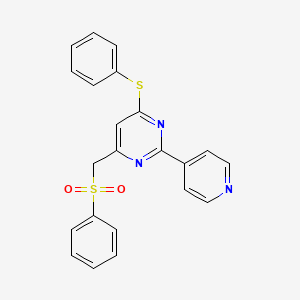 molecular formula C22H17N3O2S2 B2664098 4-(苯基硫代)-6-[(苯基磺酰)甲基]-2-(4-吡啶基)嘧啶 CAS No. 860609-62-7
