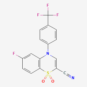 molecular formula C16H8F4N2O2S B2664109 6-氟-4-(4-(三氟甲基)苯基)-4H-苯并[b][1,4]噻嗪-2-碳腈 1,1-二氧化物 CAS No. 1226431-78-2
