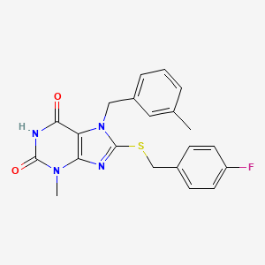 molecular formula C21H19FN4O2S B2664159 8-((4-fluorobenzyl)thio)-3-methyl-7-(3-methylbenzyl)-1H-purine-2,6(3H,7H)-dione CAS No. 442864-85-9