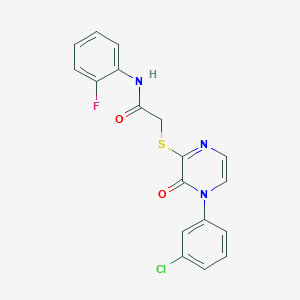 molecular formula C18H13ClFN3O2S B2664161 2-{[4-(3-chlorophenyl)-3-oxo-3,4-dihydropyrazin-2-yl]thio}-N-(2-fluorophenyl)acetamide CAS No. 895106-43-1