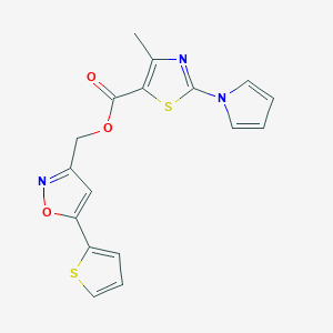 molecular formula C17H13N3O3S2 B2664170 (5-(thiophen-2-yl)isoxazol-3-yl)methyl 4-methyl-2-(1H-pyrrol-1-yl)thiazole-5-carboxylate CAS No. 1203348-44-0