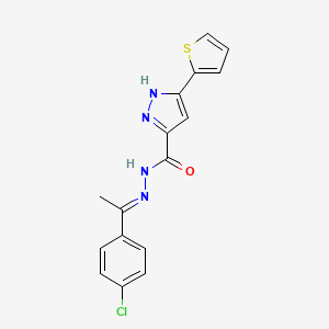 molecular formula C16H13ClN4OS B2664184 (E)-N'-(1-(4-chlorophenyl)ethylidene)-3-(thiophen-2-yl)-1H-pyrazole-5-carbohydrazide CAS No. 1285563-17-8