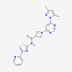 molecular formula C21H20N8OS B2664228 1-(6-(3,5-二甲基-1H-吡唑-1-基)嘧啶-4-基)-N-(4-(吡啶-2-基)噻唑-2-基)氮杂环丁烷-3-甲酸酰胺 CAS No. 2034232-93-2