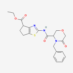 molecular formula C21H23N3O5S B2664261 ethyl 2-(4-benzyl-5-oxomorpholine-3-carboxamido)-5,6-dihydro-4H-cyclopenta[d]thiazole-4-carboxylate CAS No. 1351581-70-8