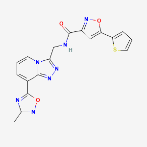 molecular formula C18H13N7O3S B2664312 N-((8-(3-methyl-1,2,4-oxadiazol-5-yl)-[1,2,4]triazolo[4,3-a]pyridin-3-yl)methyl)-5-(thiophen-2-yl)isoxazole-3-carboxamide CAS No. 2034439-67-1