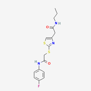 molecular formula C16H18FN3O2S2 B2664318 N-(4-fluorophenyl)-2-((4-(2-oxo-2-(propylamino)ethyl)thiazol-2-yl)thio)acetamide CAS No. 941980-58-1