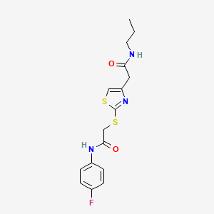 molecular formula C16H18FN3O2S2 B2664318 N-(4-氟苯基)-2-((4-(2-氧代-2-(丙基氨基)乙基)噻唑-2-基)硫基)乙酰胺 CAS No. 941980-58-1