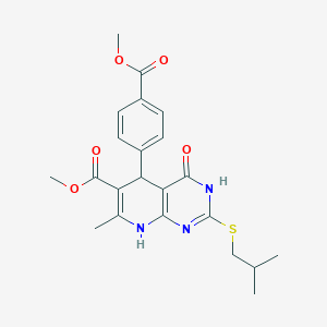 molecular formula C22H25N3O5S B2664372 Methyl 2-(isobutylthio)-5-(4-(methoxycarbonyl)phenyl)-7-methyl-4-oxo-3,4,5,8-tetrahydropyrido[2,3-d]pyrimidine-6-carboxylate CAS No. 876865-92-8