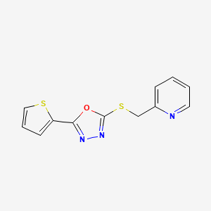 molecular formula C12H9N3OS2 B2664428 2-((Pyridin-2-ylmethyl)thio)-5-(thiophen-2-yl)-1,3,4-oxadiazole CAS No. 197371-69-0