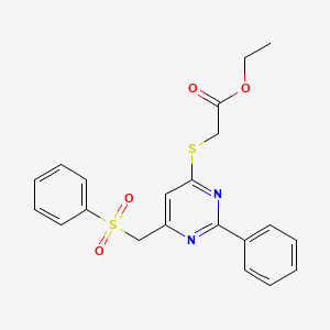 molecular formula C21H20N2O4S2 B2664429 Ethyl 2-({2-phenyl-6-[(phenylsulfonyl)methyl]-4-pyrimidinyl}sulfanyl)acetate CAS No. 303147-42-4