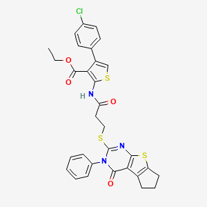 ethyl 4-(4-chlorophenyl)-2-(3-((4-oxo-3-phenyl-4,5,6,7-tetrahydro-3H-cyclopenta[4,5]thieno[2,3-d]pyrimidin-2-yl)thio)propanamido)thiophene-3-carboxylate