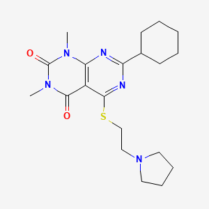 molecular formula C20H29N5O2S B2664472 7-Cyclohexyl-1,3-dimethyl-5-(2-pyrrolidin-1-ylethylsulfanyl)pyrimido[4,5-d]pyrimidine-2,4-dione CAS No. 872627-42-4