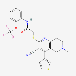 molecular formula C23H19F3N4O2S2 B2664522 2-{[3-cyano-6-methyl-4-(thiophen-3-yl)-5,6,7,8-tetrahydro-1,6-naphthyridin-2-yl]sulfanyl}-N-[2-(trifluoromethoxy)phenyl]acetamide CAS No. 488134-50-5