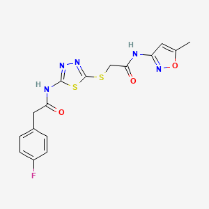 molecular formula C16H14FN5O3S2 B2664564 2-(4-fluorophenyl)-N-(5-((2-((5-methylisoxazol-3-yl)amino)-2-oxoethyl)thio)-1,3,4-thiadiazol-2-yl)acetamide CAS No. 477215-41-1
