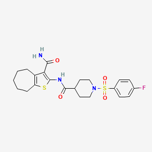 molecular formula C22H26FN3O4S2 B2664571 N-(3-carbamoyl-5,6,7,8-tetrahydro-4H-cyclohepta[b]thiophen-2-yl)-1-((4-fluorophenyl)sulfonyl)piperidine-4-carboxamide CAS No. 923416-58-4