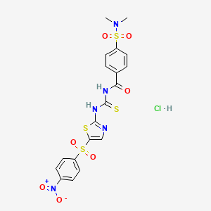 molecular formula C19H18ClN5O7S4 B2664675 4-(N,N-二甲基磺酰氨基)-N-((5-((4-硝基苯基)磺酰)噻嗪-2-基)羰硫基)苯甲酰胺盐酸盐 CAS No. 1216592-45-8