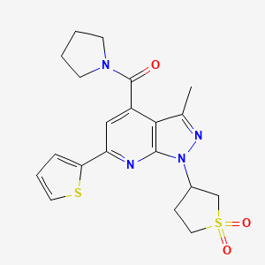 molecular formula C20H22N4O3S2 B2664722 (1-(1,1-dioxidotetrahydrothiophen-3-yl)-3-methyl-6-(thiophen-2-yl)-1H-pyrazolo[3,4-b]pyridin-4-yl)(pyrrolidin-1-yl)methanone CAS No. 1021075-10-4