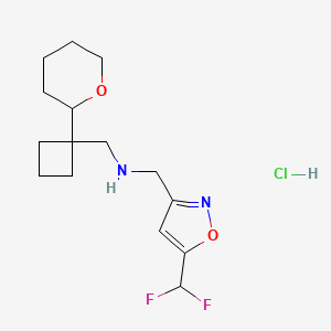 molecular formula C15H23ClF2N2O2 B2664728 1-[5-(Difluoromethyl)-1,2-oxazol-3-yl]-N-[[1-(oxan-2-yl)cyclobutyl]methyl]methanamine;hydrochloride CAS No. 2418661-27-3