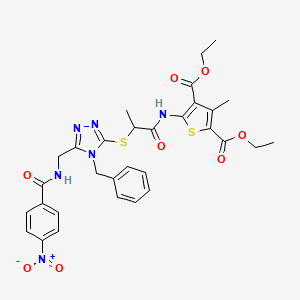 molecular formula C31H32N6O8S2 B2664902 二乙酯 5-[2-[[4-苄基-5-[[(4-硝基苯甲酰)氨基]甲基]-1,2,4-三唑-3-基]硫基]丙酰氨基]-3-甲基噻吩-2,4-二羧酸酯 CAS No. 393814-93-2