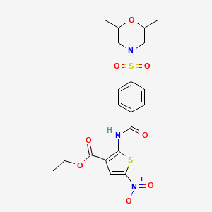 molecular formula C20H23N3O8S2 B2664944 乙酸2-(4-((2,6-二甲基吗啉-3-基)磺酰)苯甲酰胺)-5-硝基噻吩-3-甲酸酯 CAS No. 477491-18-2