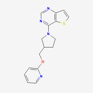 molecular formula C16H16N4OS B2664962 4-[3-(Pyridin-2-yloxymethyl)pyrrolidin-1-yl]thieno[3,2-d]pyrimidine CAS No. 2415564-06-4